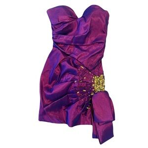 Mac Duggal Purple Strapless Ruched Mini Dress Gold Crystal Embellishments Size 4